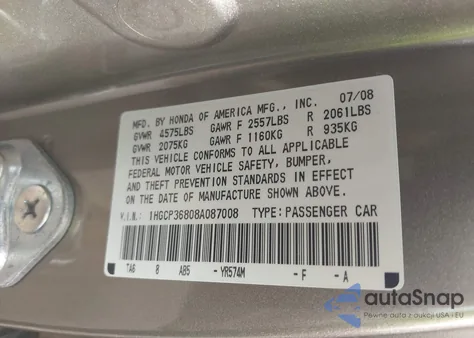 2008 Honda Accord 3.5 Ex-L from USA, damaged, VIN 1HGCP36808A087008